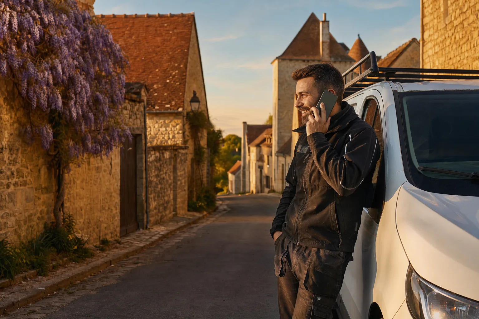 Artisan couvreur au téléphone à côté de sa camionnette, dans une rue de village en pierre du sud de la Seine-et-Marne