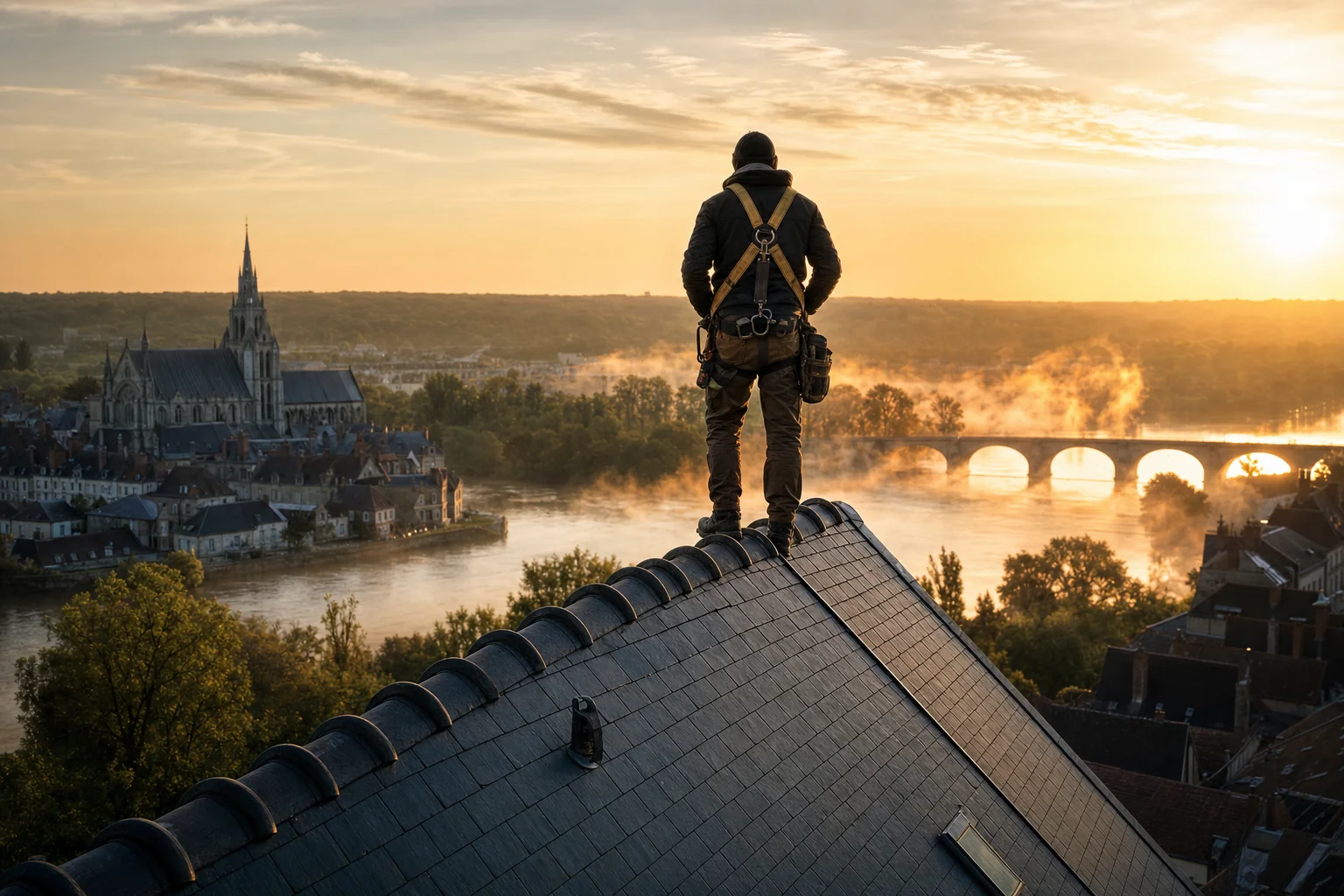 Couvreur en harnais sur un faîtage d'ardoise, face à Montereau et au confluent de la Seine et de l'Yonne au soleil couchant