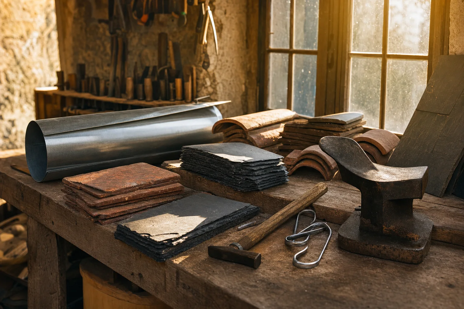 Établi de couvreur : tuiles plates, tuiles mécaniques, ardoises, zinc et crochets inox